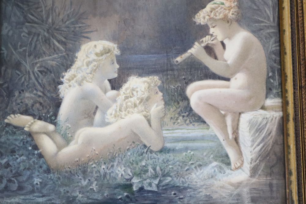 English School c.1900, two watercolours, Child fairies as Venus and Cupid and Children playing pan pipes, 27 x 25cm and 31 x 29cm